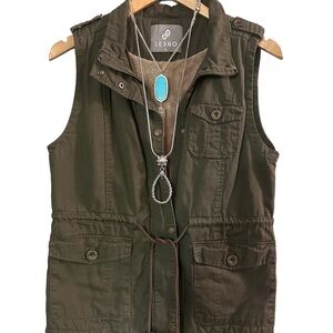 LE3NO Womens Army Green Utility Vest Hooded lined Fleece Snaps Drawstrings